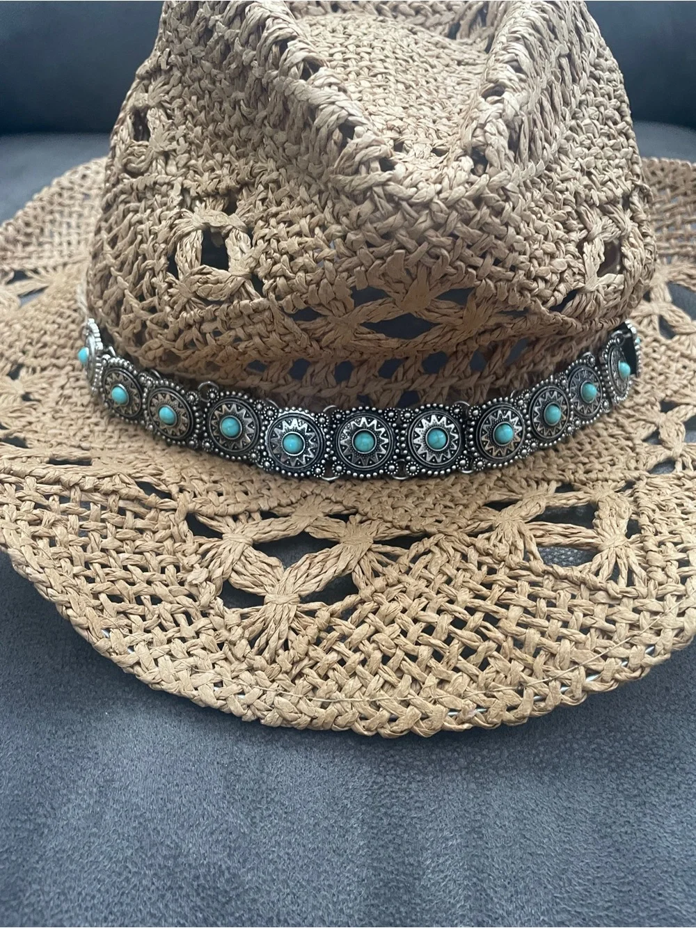 Straw Cowgirl Hat with Turquoise Concho Band